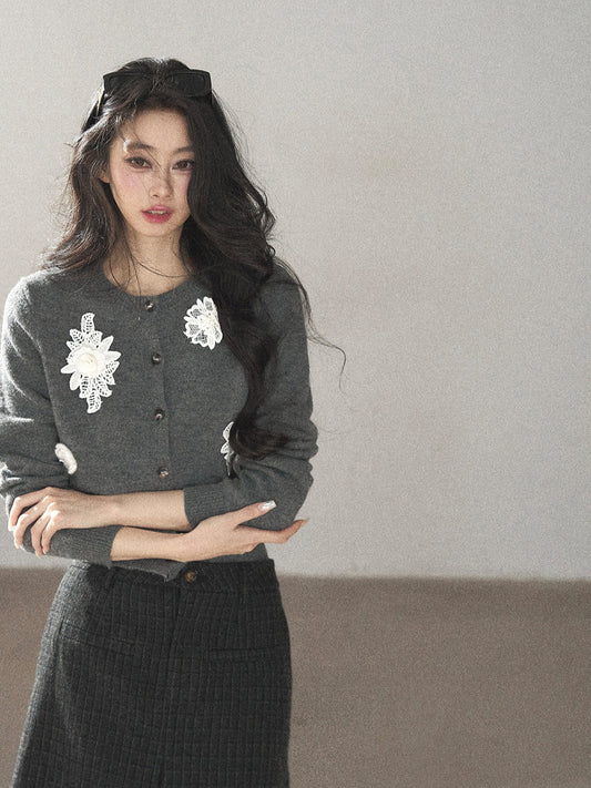 AOMALM - Paris Gray 3D Flower Knit Cardigan