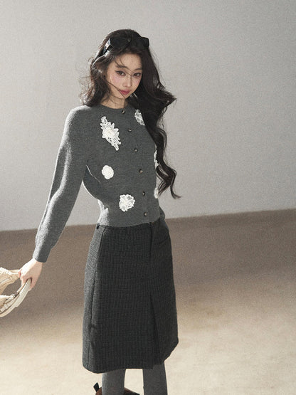 AOMALM - Paris Gray 3D Flower Knit Cardigan