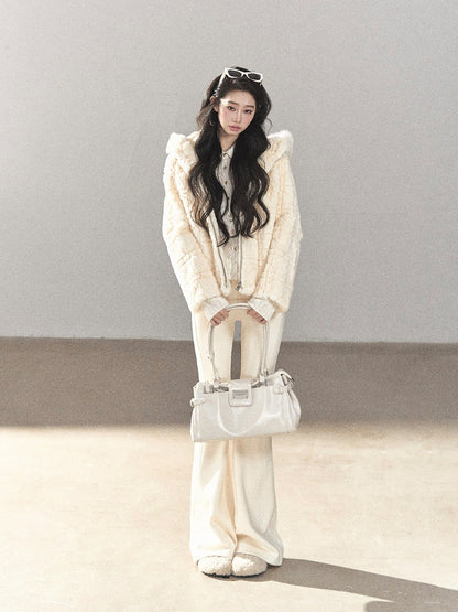 AOMALM - Cloud White Rabbit Fur Cropped Coat