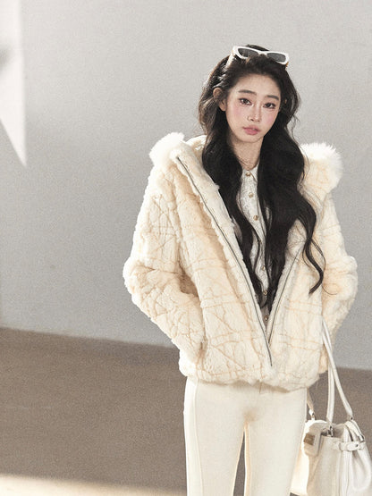 AOMALM - Cloud White Rabbit Fur Cropped Coat
