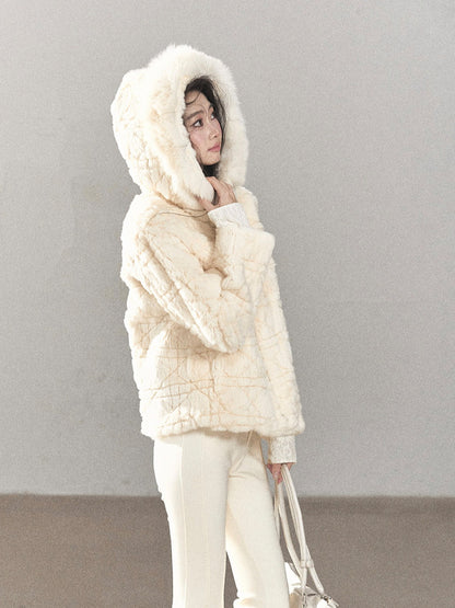 AOMALM - Cloud White Rabbit Fur Cropped Coat
