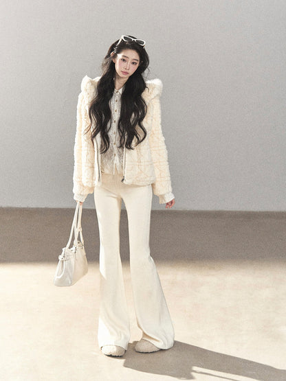 AOMALM - Cloud White Rabbit Fur Cropped Coat