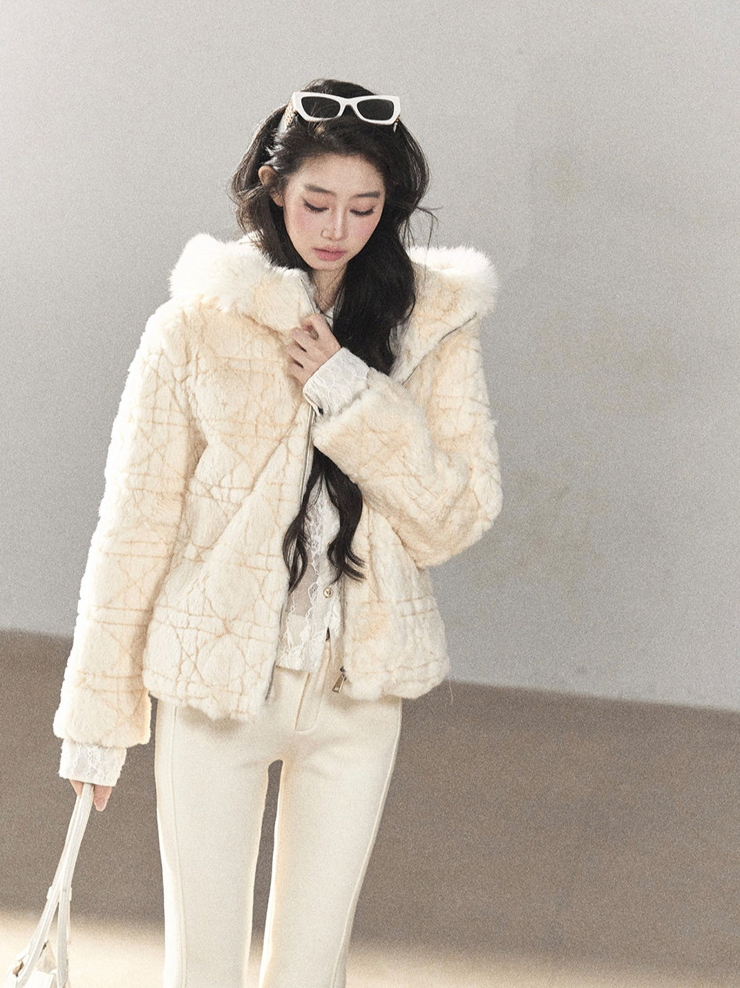 AOMALM - Cloud White Rabbit Fur Cropped Coat