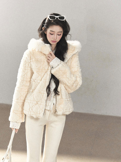 AOMALM - Cloud White Rabbit Fur Cropped Coat