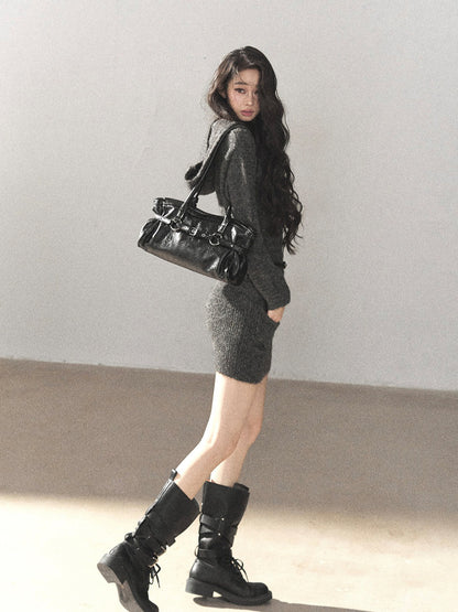 AOMALM - Whale Gray Hooded Faux-Two-Piece Knit Dress with Belt