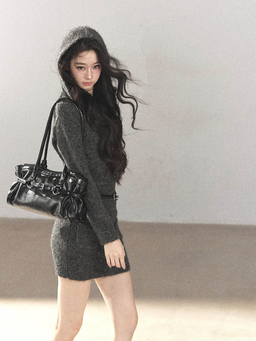 AOMALM - Whale Gray Hooded Faux-Two-Piece Knit Dress with Belt