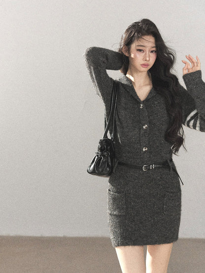 AOMALM - Whale Gray Hooded Faux-Two-Piece Knit Dress with Belt