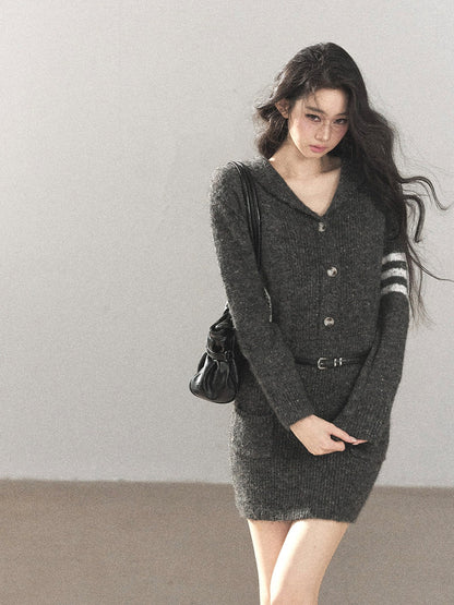 AOMALM - Whale Gray Hooded Faux-Two-Piece Knit Dress with Belt