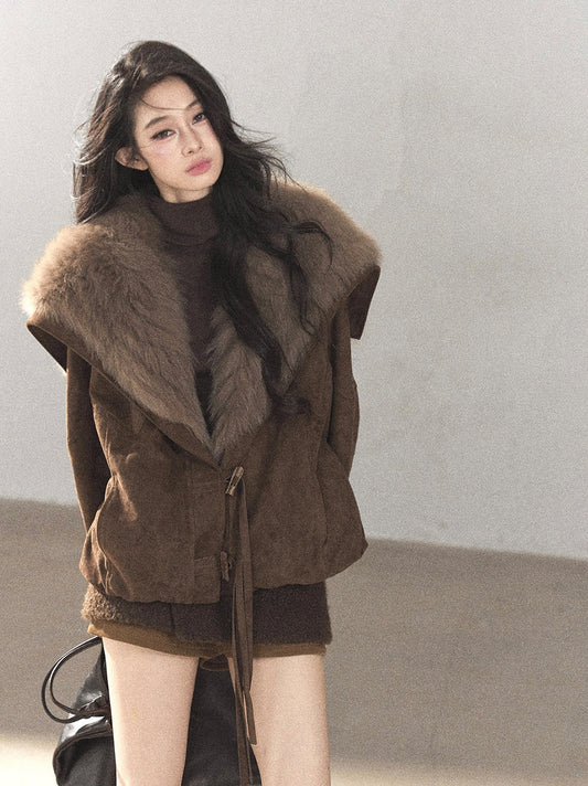 AOMALM - Antique Bronze Faux-Suede Goose Down Parka with Fox Fur Collar
