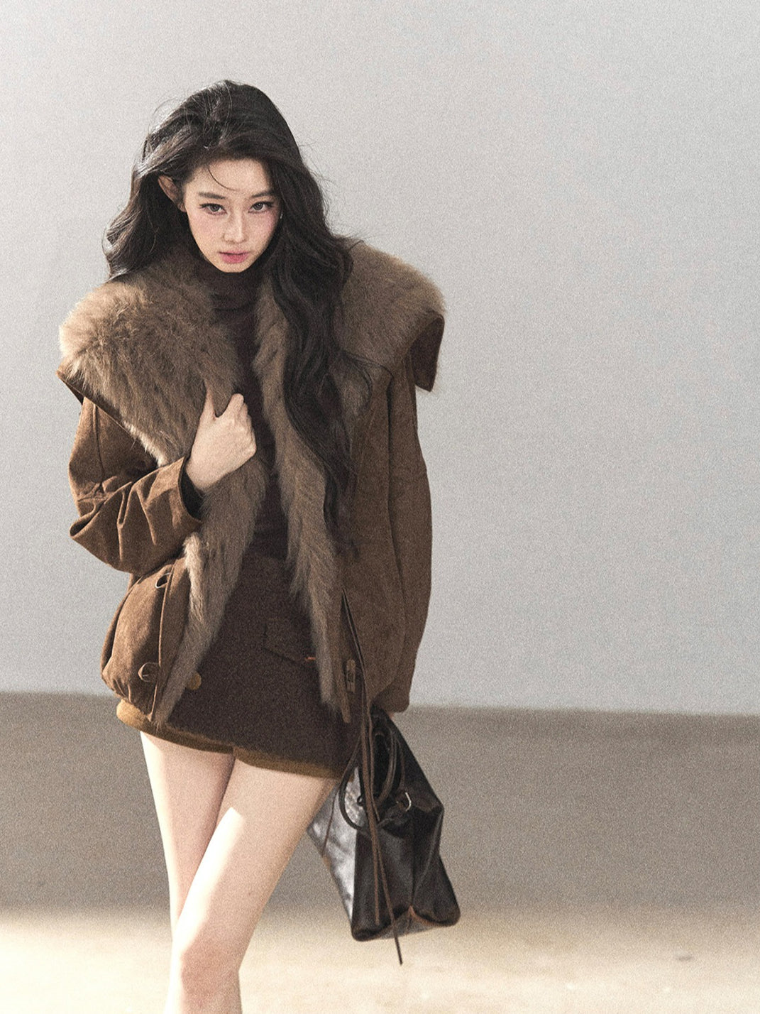 AOMALM - Antique Bronze Faux-Suede Goose Down Parka with Fox Fur Collar