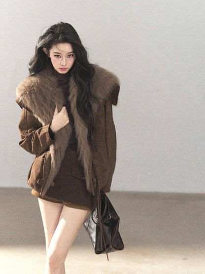 AOMALM - Antique Bronze Faux-Suede Goose Down Parka with Fox Fur Collar