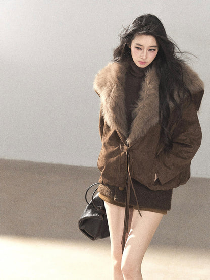 AOMALM - Antique Bronze Faux-Suede Goose Down Parka with Fox Fur Collar