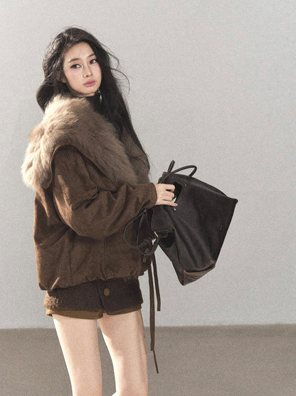 AOMALM - Antique Bronze Faux-Suede Goose Down Parka with Fox Fur Collar