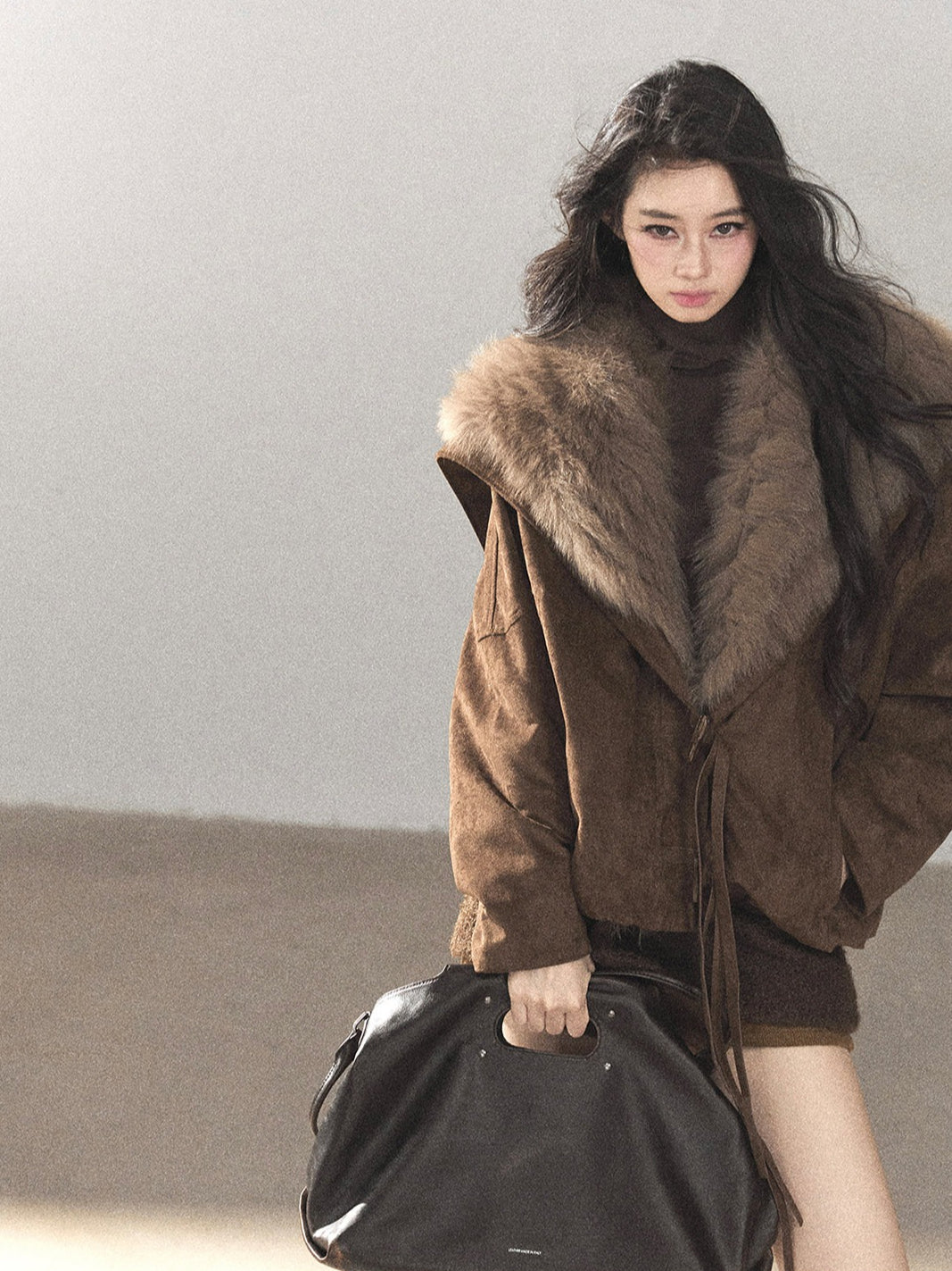 AOMALM - Antique Bronze Faux-Suede Goose Down Parka with Fox Fur Collar