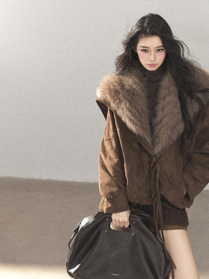 AOMALM - Antique Bronze Faux-Suede Goose Down Parka with Fox Fur Collar