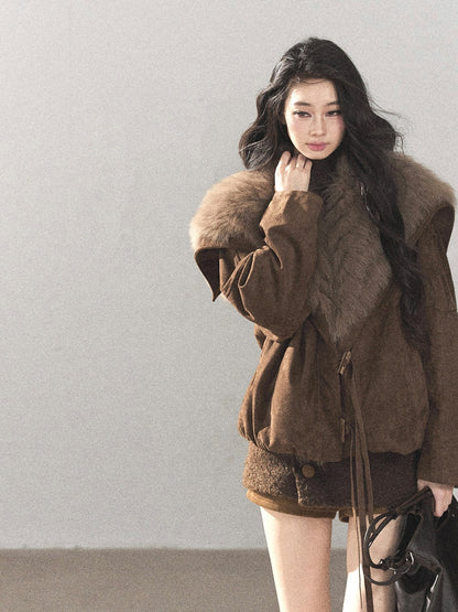 AOMALM - Antique Bronze Faux-Suede Goose Down Parka with Fox Fur Collar