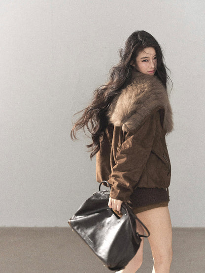 AOMALM - Antique Bronze Faux-Suede Goose Down Parka with Fox Fur Collar