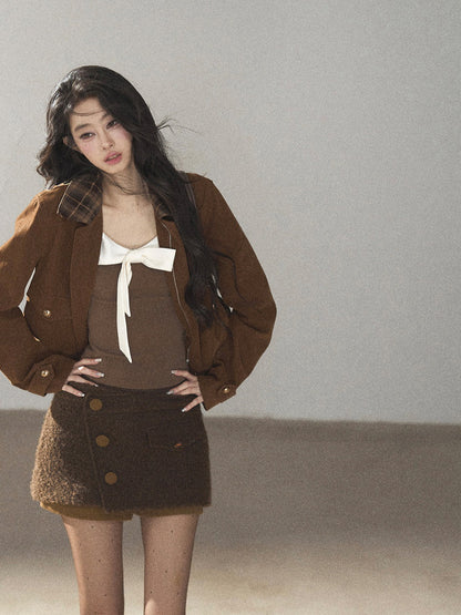 AOMALM - Gray Caramel Cropped Fitted Long Sleeve T-Shirt