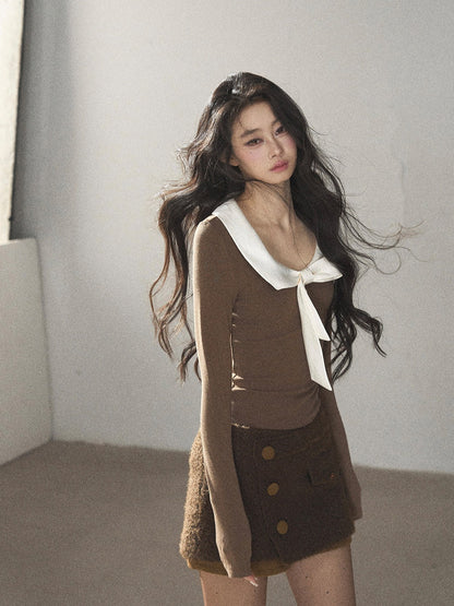 AOMALM - Gray Caramel Cropped Fitted Long Sleeve T-Shirt