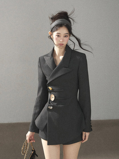 AOMALM - Deep Slate Gray Tailored Blazer & Shorts Set
