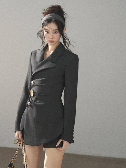 AOMALM - Deep Slate Gray Tailored Blazer & Shorts Set