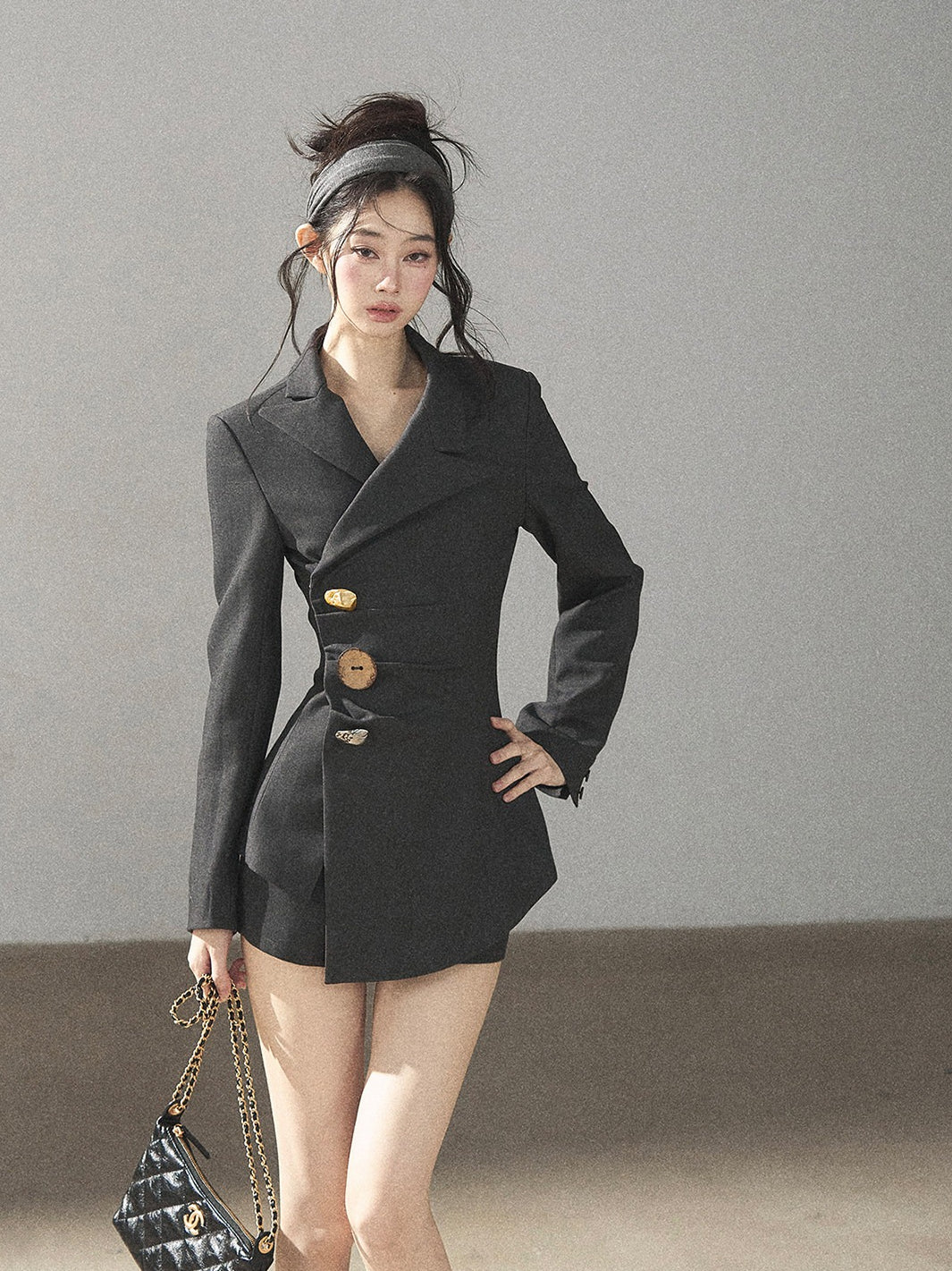AOMALM - Deep Slate Gray Tailored Blazer & Shorts Set