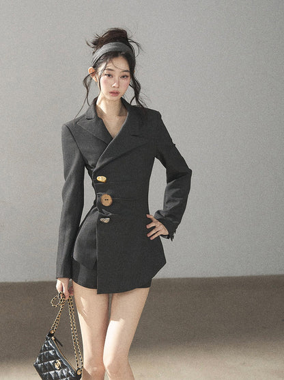 AOMALM - Deep Slate Gray Tailored Blazer & Shorts Set
