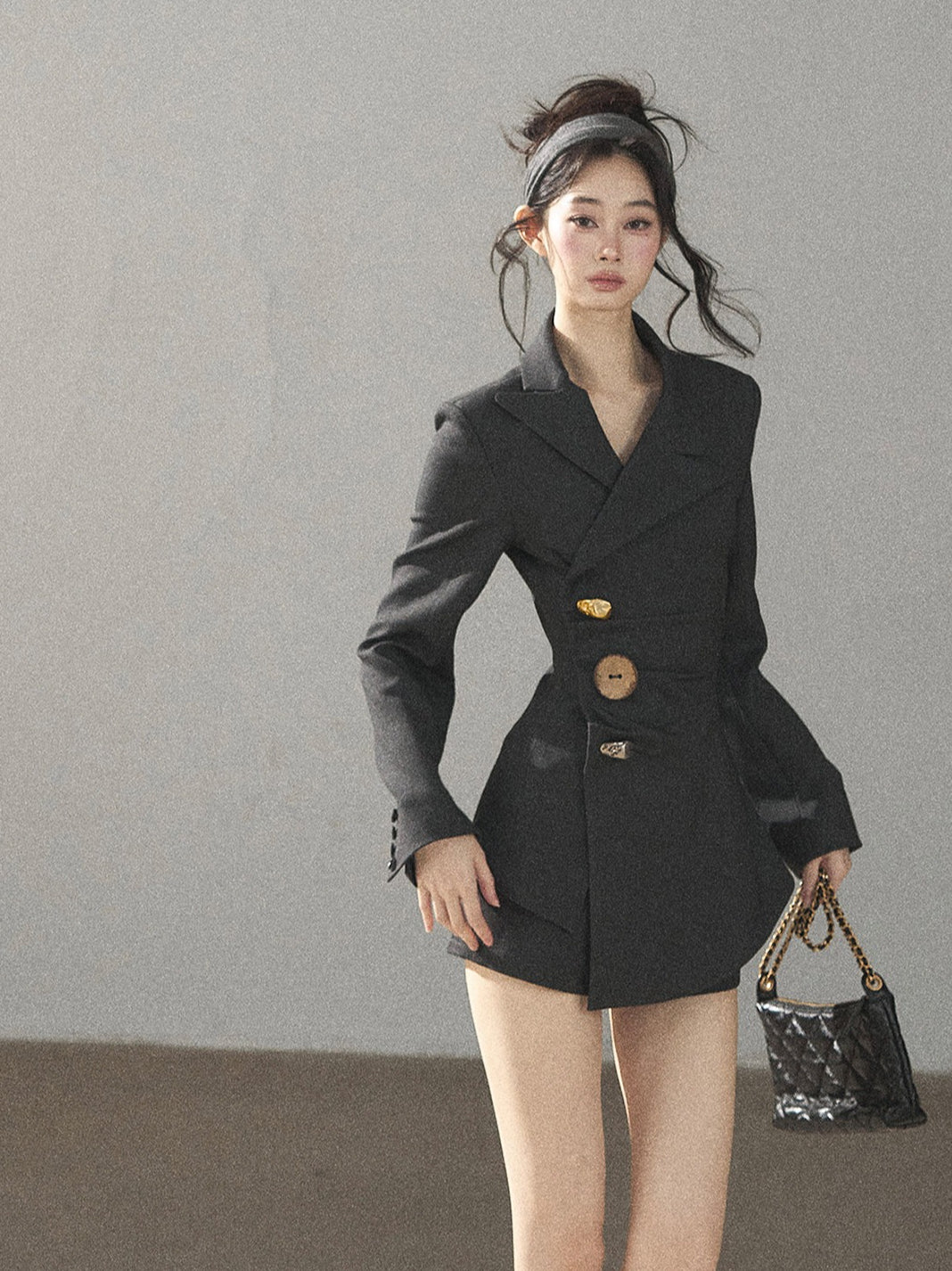 AOMALM - Deep Slate Gray Tailored Blazer & Shorts Set