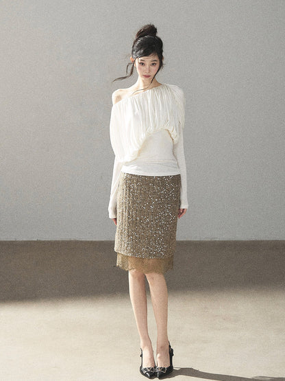 AOMALM - Creamy Ivory Asymmetric Ruched Off-Shoulder Long Sleeve Top