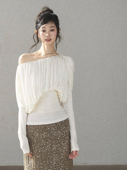 AOMALM - Creamy Ivory Asymmetric Ruched Off-Shoulder Long Sleeve Top