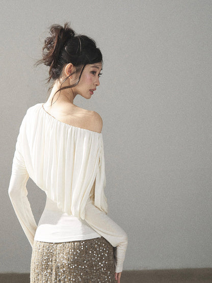 AOMALM - Creamy Ivory Asymmetric Ruched Off-Shoulder Long Sleeve Top