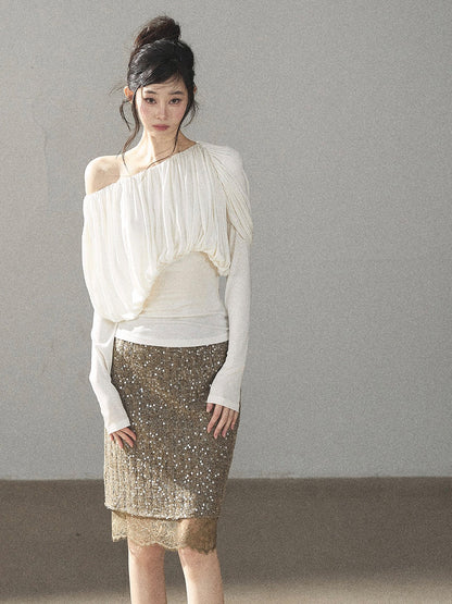 AOMALM - Creamy Ivory Asymmetric Ruched Off-Shoulder Long Sleeve Top