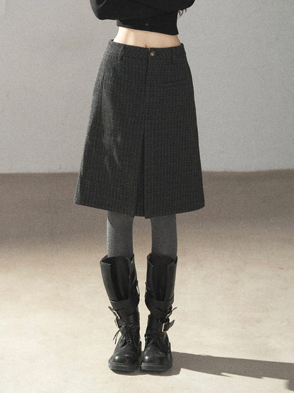 AOMALM - Rich Black Wool-Blend Pleated A-Line Midi Skirt