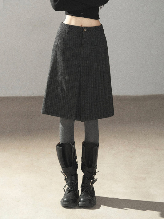 AOMALM - Rich Black Wool-Blend Pleated A-Line Midi Skirt