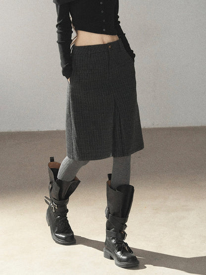AOMALM - Rich Black Wool-Blend Pleated A-Line Midi Skirt