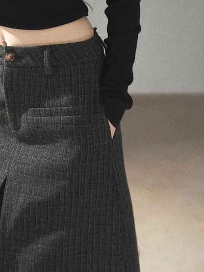 AOMALM - Rich Black Wool-Blend Pleated A-Line Midi Skirt