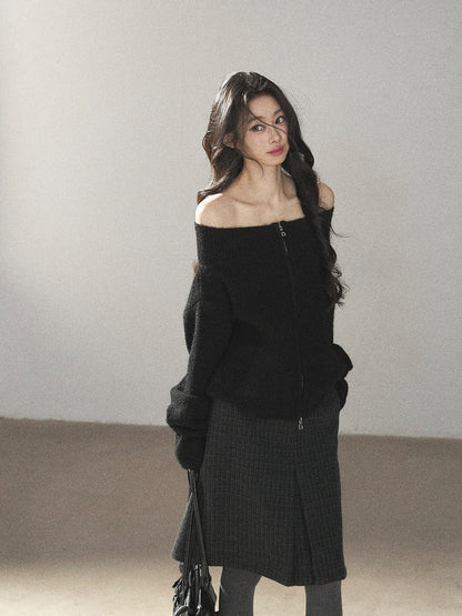 AOMALM - Rich Black Wool-Blend Pleated A-Line Midi Skirt