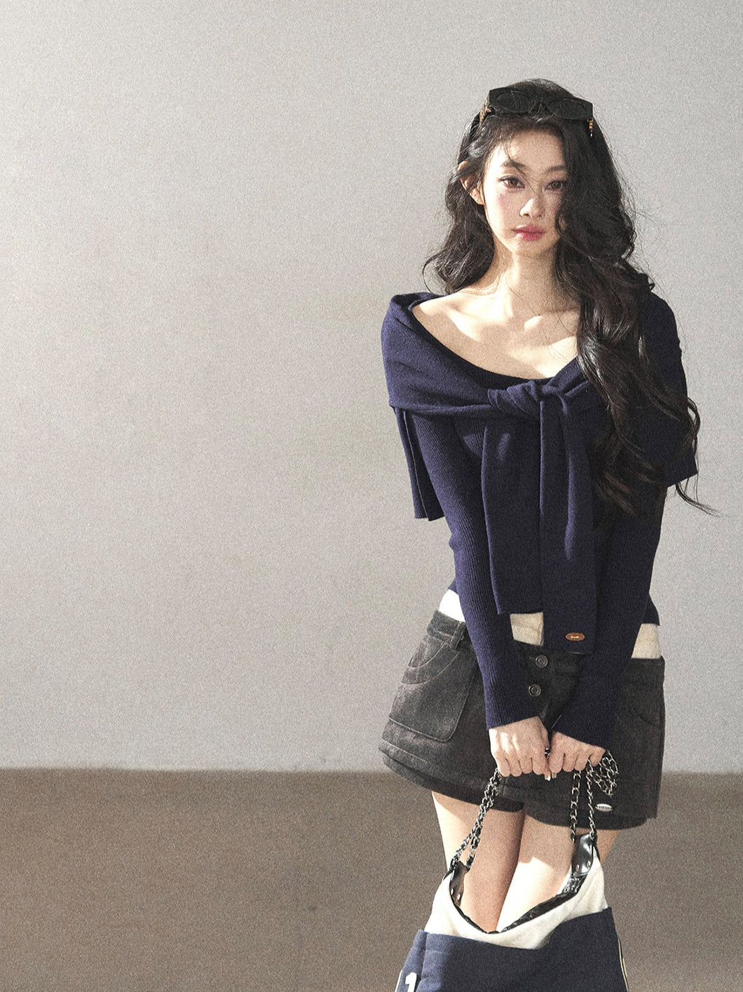 AOMALM - Deep Navy Faux-Two-Piece Shawl Knit Sweater