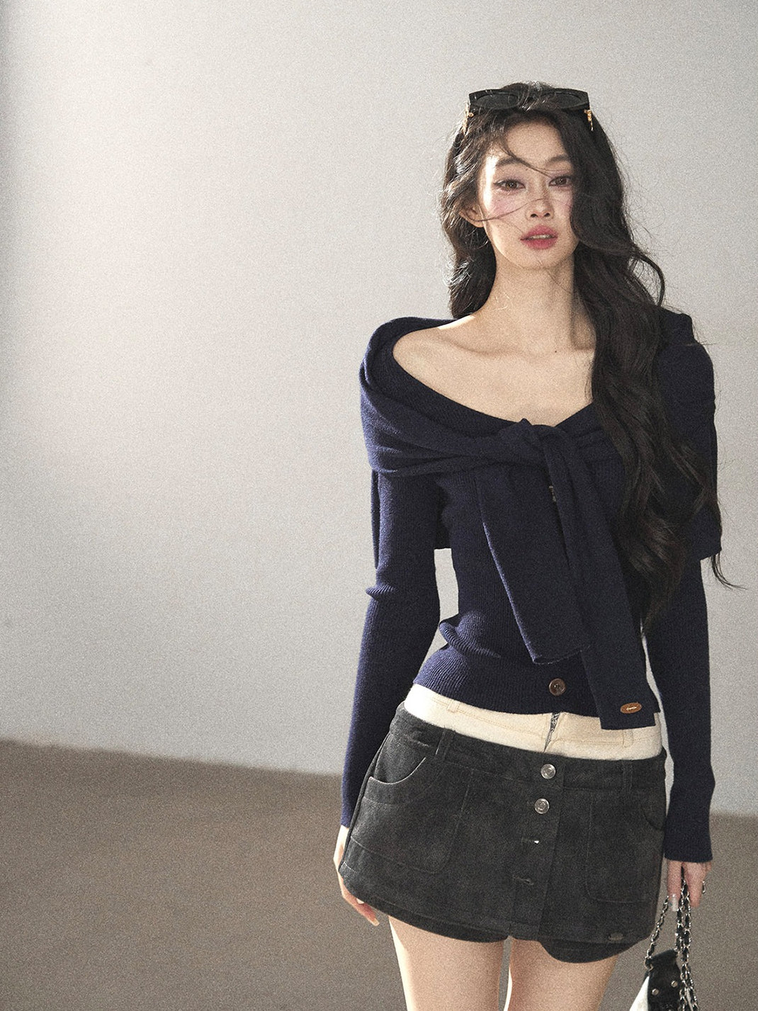 AOMALM - Deep Navy Faux-Two-Piece Shawl Knit Sweater