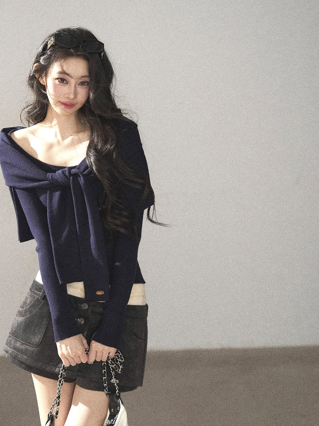 AOMALM - Deep Navy Faux-Two-Piece Shawl Knit Sweater