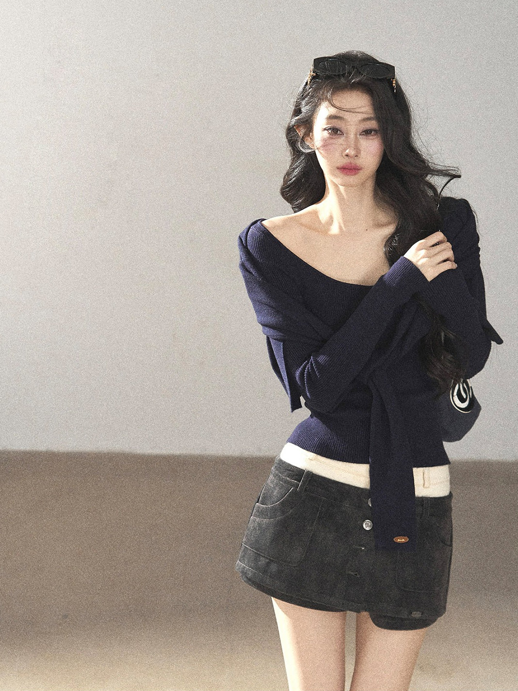 AOMALM - Deep Navy Faux-Two-Piece Shawl Knit Sweater