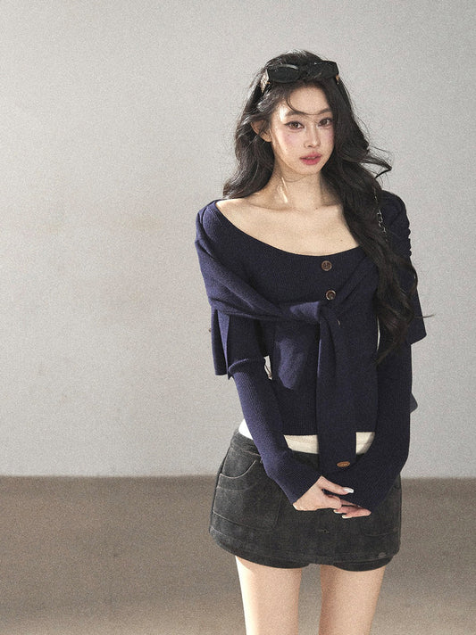 AOMALM - Deep Navy Faux-Two-Piece Shawl Knit Sweater