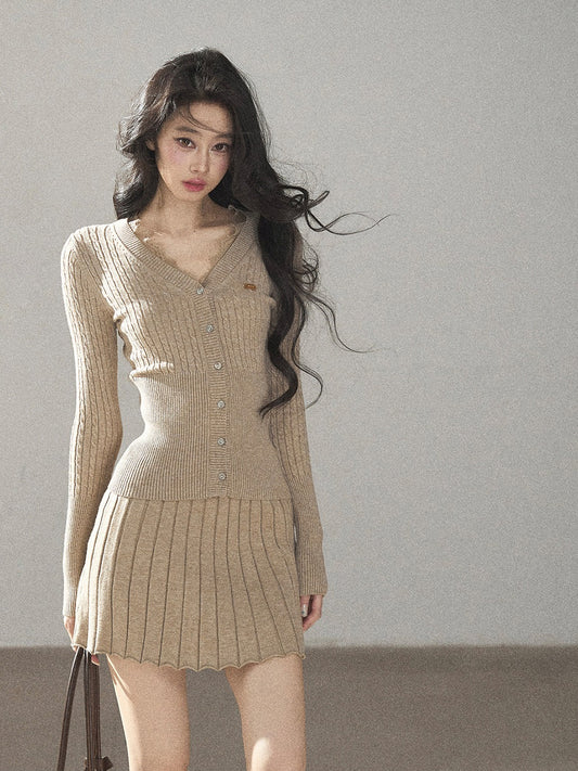 AOMALM - Oatmeal Cable-Knit Cardigan & Ribbed Mini Skirt Set