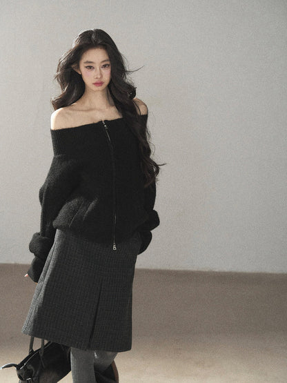 AOMALM - Quiet Black Wool-Blend Cropped Knit Jacket