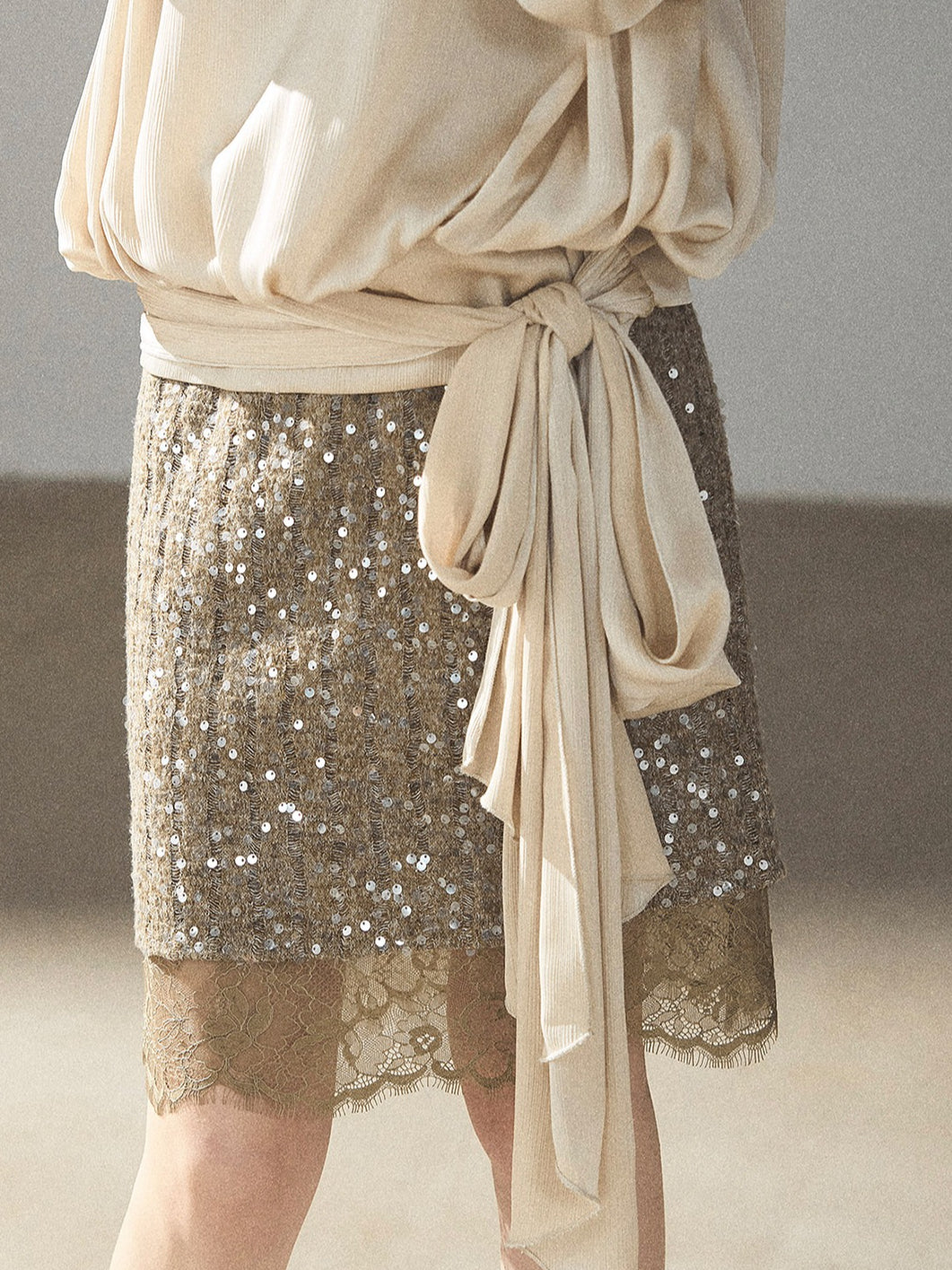 AOMALM - Gray Taupe Brown Sequin Lace Midi Skirt
