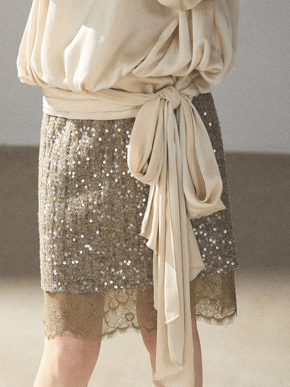 AOMALM - Gray Taupe Brown Sequin Lace Midi Skirt