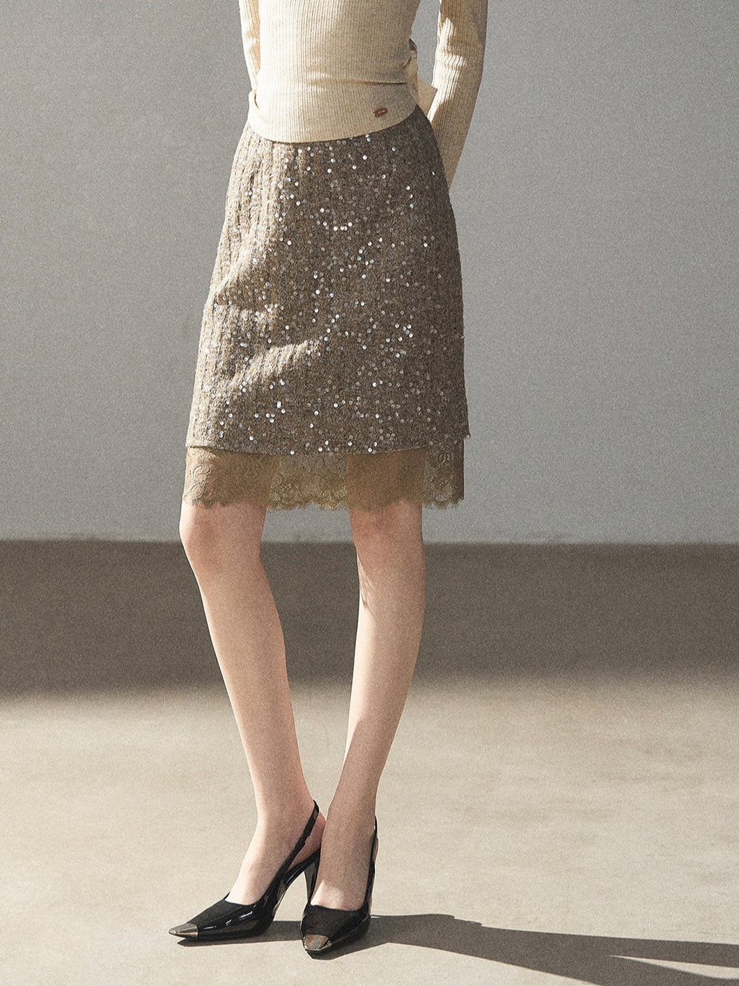 AOMALM - Gray Taupe Brown Sequin Lace Midi Skirt