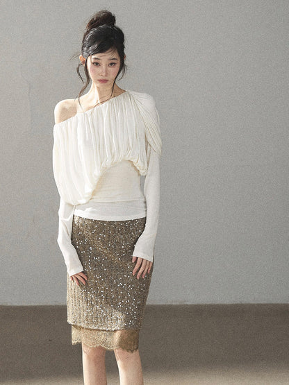 AOMALM - Gray Taupe Brown Sequin Lace Midi Skirt