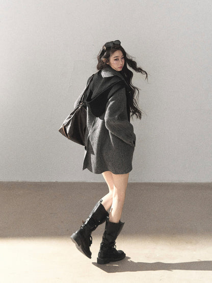 AOMALM - Deep Rock Gray Wool-Blend Herringbone Coat with Detachable Scarf Hood