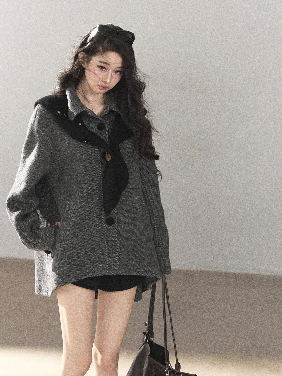 AOMALM - Deep Rock Gray Wool-Blend Herringbone Coat with Detachable Scarf Hood